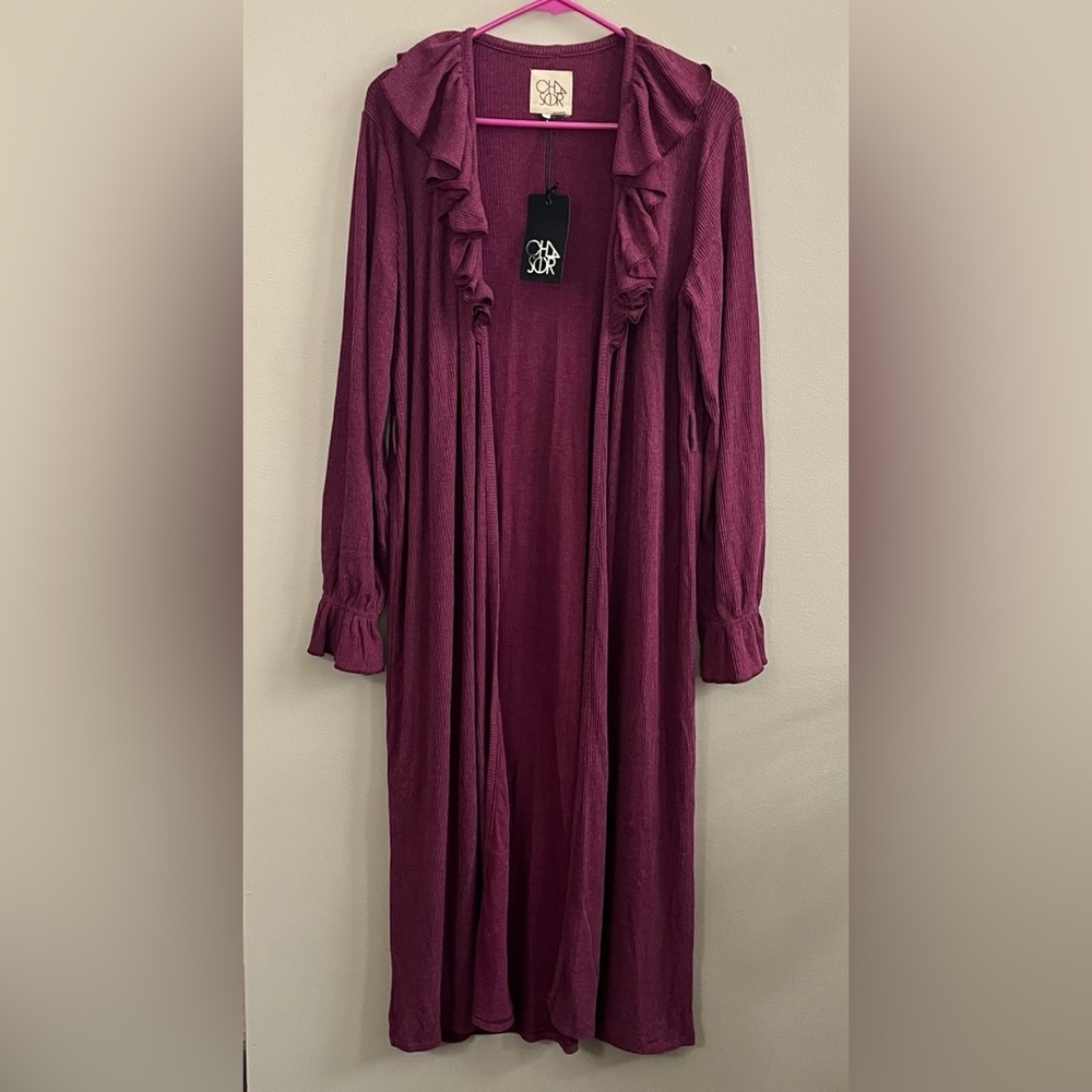 Chaser burgandy open front ruffled neck duster cardigan size large NWT